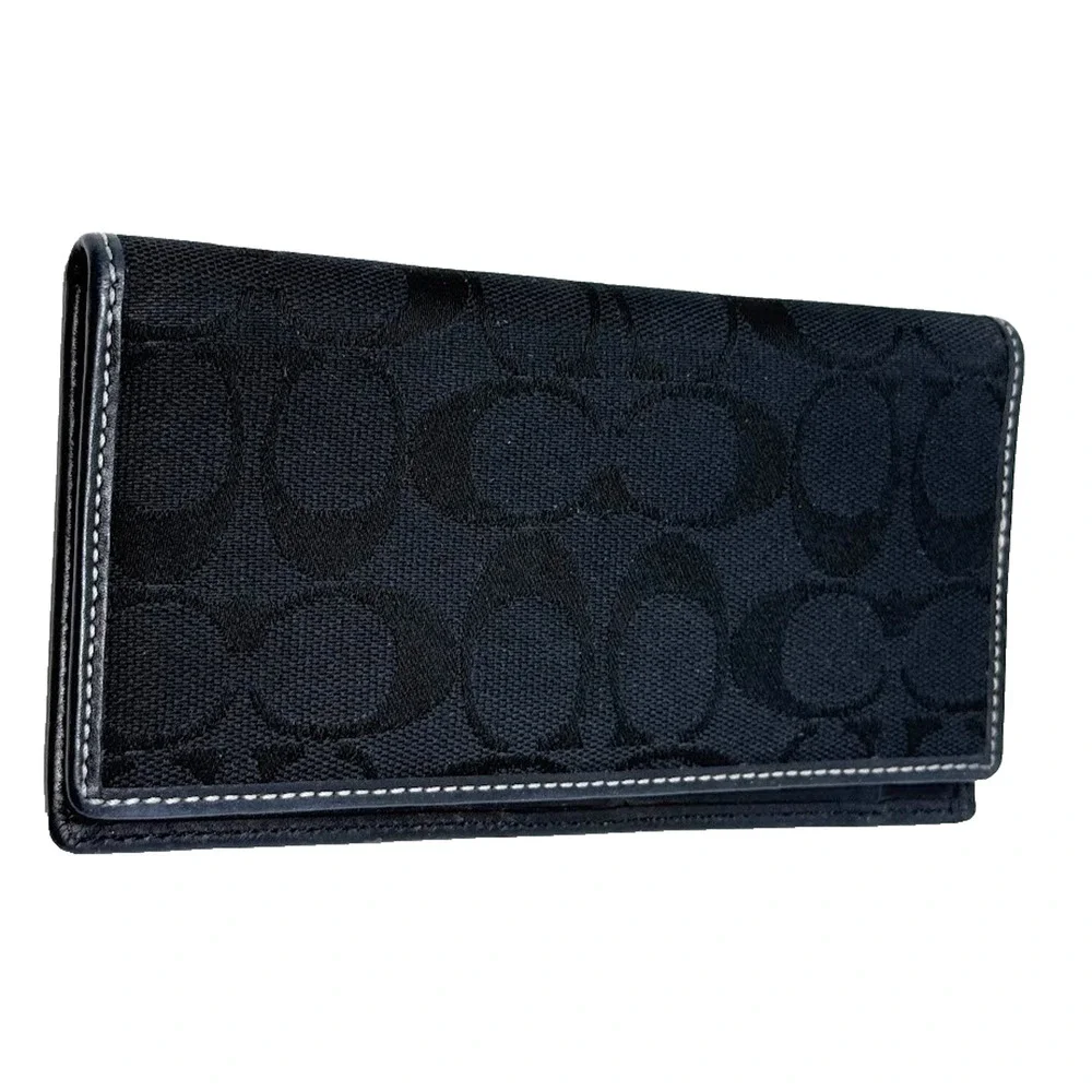 Coach Black Signature Jacquard Fabric & Leather Trim Checkbook Trifold Wallet